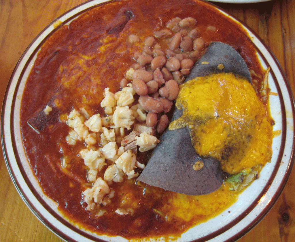 Blue corn enchiladas and a taco