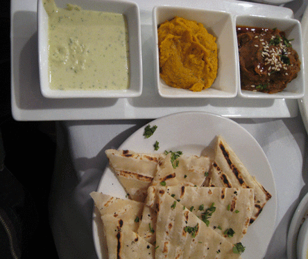 Boca09 Tapas Trio: Hummus and Eggplant Purees with Mint-Feta Spread and Flatbread