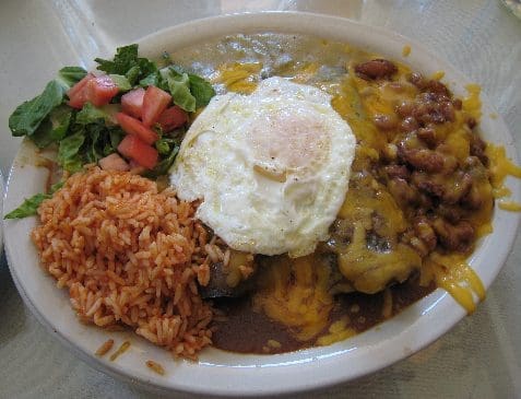 A New Mexican Combination Plate Served Christmas Style with a Fried Egg