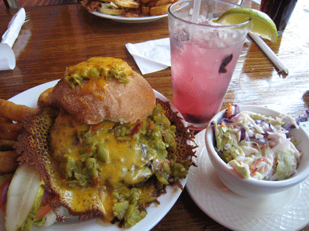 The Green Monster with a blueberry lemon lime drink and pineapple coleslaw