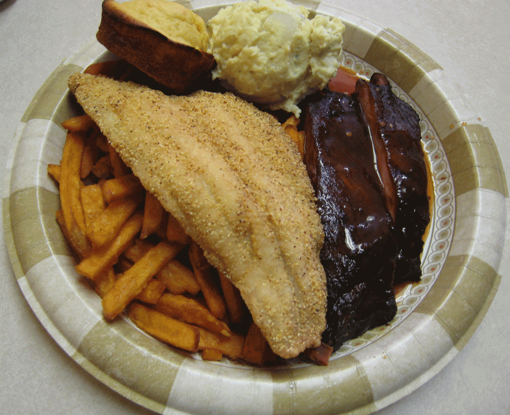 Two meat BBQ combo platter: Southern fried catfish filets and St. Louis style BBQ ribs