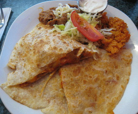 Carne Adovada Quesadilla with beans and rice