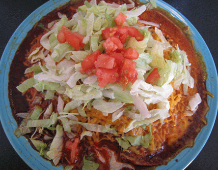 Flat enchiladas with smoked carne adovada