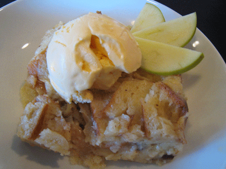 Bread Pudding with Vanilla Ice Cream and Apple Slices