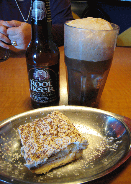 Tiramisu (foreground) and a root beer float (background)