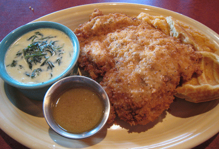 CHICKEN FRIED CHICKEN & WAFFLES Breaded chicken breast atop a crisp waffle with sweet potato mash and creamed spinach – served with maple cream sauce on the side 