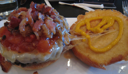 FiveStar05 Five Star Burger with Gorgonzola Cheese, Applewood Smoked Bacon, Tomato Relish and Caramelized Onions