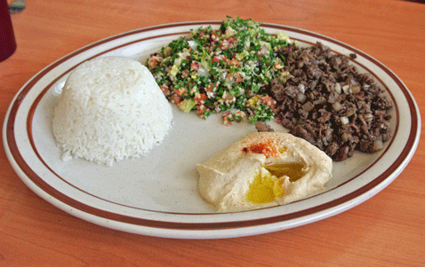 Beef Shawarma, Hummus, Rice and Tabouli at the San Pedro Middle East Restaurant in Albuquerque