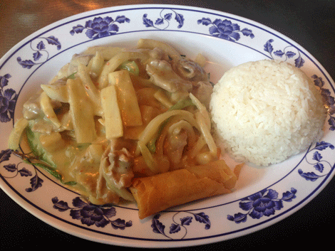 Lunch Special at the Banana Leaf in Rio Rancho: Green Curry, Egg Roll and Steamed Rice