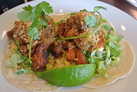 Tacos de Chicharron: Crispy Pork Belly, Caramelized Onions, Arbol Salsa, Julienned Apples