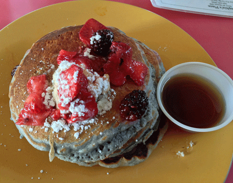 Blue Corn Pancakes with Strawberries and Real Syrup
