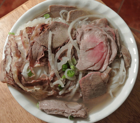 Pho with rare beef eye round steak and well done flank from the Pho Bar in Rio Rancho
