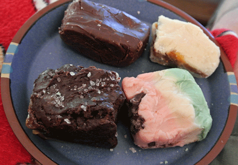 The best fudge in New Mexico from the San Antonio General Store: chocolate;, praline; dark chocolate and sea salt; and watermelon