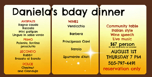 The menu celebrating Daniela Bouneou's 42nd birthday at Torinos @ Home