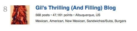 Gil's Thrilling (And Filling) Blog ranks number 8 worldwide for food blogs