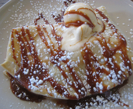 Banana Cajeta Crepe: Caramelized bananas and Goats-milk caramel with vanilla ice cream
